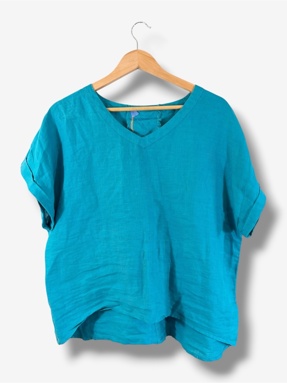 Yuvita 100% Linen Teal Boxy Top L Oversized Lagenlook V Neck Short Sleeve